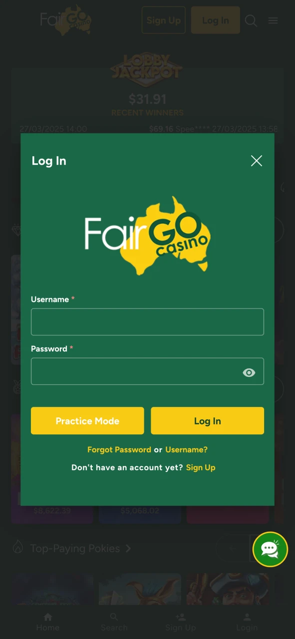 Log in to your Fairgo account using your username and password.
